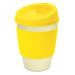 A drink bottle featuring a yellow silicone lid and sleeve with a light-coloured base, including a logo. A drink bottle featuring a yellow silicone lid and sleeve with a light-coloured base, including a logo.