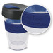 A drink bottle featuring a transparent body, black lid, and navy blue silicone band with a logo. Holds 330ml. A drink bottle featuring a transparent body, black lid, and navy blue silicone band with a logo. Holds 330ml.