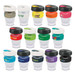 A collection of reusable coffee cups in various colours with black lids and different bands, featuring various branding.