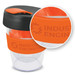 A drink bottle featuring a transparent body, orange band, and a black lid, with a logo on the band. A drink bottle featuring a transparent body, orange band, and a black lid, with a logo on the band.