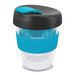 A drink bottle featuring a clear body, black lid, and a turquoise silicone band. It has a logo on the design. A drink bottle featuring a clear body, black lid, and a turquoise silicone band. It has a logo on the design.