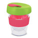 A drink bottle with a transparent body, pink silicone band, and a green lid. It features a logo on the side.
