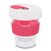 A drink bottle featuring a clear body with a white lid and a pink silicone band and lid accent.