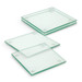 A set of four square glass coasters, featuring a transparent green tint with rounded corners.