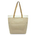 A beige canvas tote bag with brown straps and a logo on the side. Suitable for casual use or shopping. A beige canvas tote bag with brown straps and a logo on the side. Suitable for casual use or shopping.