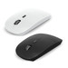 A black and a white wireless mouse sit side by side. Both have a sleek design and a scroll wheel. Each has a logo. A black and a white wireless mouse sit side by side. Both have a sleek design and a scroll wheel. Each has a logo.