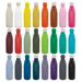 A drink bottle collection featuring various colours, including white, yellow, orange, pink, green, blue, and black, with metal caps. A drink bottle collection featuring various colours, including white, yellow, orange, pink, green, blue, and black, with metal caps.