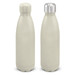 A drink bottle in a smooth, cream colour with a silver and matching cap. It features a logo. A drink bottle in a smooth, cream colour with a silver and matching cap. It features a logo.