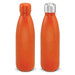 A drink bottle in vibrant orange with a matte finish and a silver stainless steel lid, featuring a logo. A drink bottle in vibrant orange with a matte finish and a silver stainless steel lid, featuring a logo.
