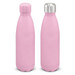A drink bottle with a smooth pink powder-coated finish and a silver metal cap. It features a logo. A drink bottle with a smooth pink powder-coated finish and a silver metal cap. It features a logo.