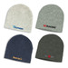 Four cable knit beanies in cream, grey, navy, and dark green, each featuring a branding logo. Four cable knit beanies in cream, grey, navy, and dark green, each featuring a branding logo.