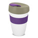 A drink bottle featuring a white body with a purple band and a green lid. It has a logo on its surface. A drink bottle featuring a white body with a purple band and a green lid. It has a logo on its surface.