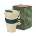 A drink bottle in a natural beige colour with a navy band, accompanied by a cardboard box featuring leaf designs.