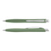 A green plastic pen with a silver trim and a clip, featuring a smooth, sleek design.