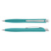 A turquoise plastic pen with a silver clip and a sleek design, positioned in two angles.