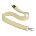 A cotton lanyard in a soft beige colour, featuring a clip and adjustable buckle. It has a simple branding logo.