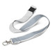 A grey and white reflector lanyard with a silver clip and plastic buckle. It features a smooth, flat design. A grey and white reflector lanyard with a silver clip and plastic buckle. It features a smooth, flat design.