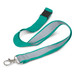 A teal and grey reflector lanyard with a clip and buckle attachment. It features a branded logo. A teal and grey reflector lanyard with a clip and buckle attachment. It features a branded logo.