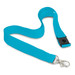 A vibrant turquoise lanyard with a clip and adjustable buckle, featuring a logo.