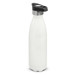 A drink bottle in matte white with a black push button lid and a stainless steel accent. It features a logo. A drink bottle in matte white with a black push button lid and a stainless steel accent. It features a logo.