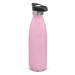 A drink bottle in pink with a push-button lid and stainless steel accents, featuring a brand logo. A drink bottle in pink with a push-button lid and stainless steel accents, featuring a brand logo.