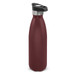 A drink bottle in burgundy with a push button lid and a stainless steel finish at the top, featuring a logo. A drink bottle in burgundy with a push button lid and a stainless steel finish at the top, featuring a logo.