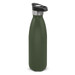 A drink bottle in matte dark green with a push button lid and a metallic accent at the top. It features a logo. A drink bottle in matte dark green with a push button lid and a metallic accent at the top. It features a logo.