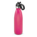 A drink bottle in vibrant pink with a flip lid and black handle, featuring a metal accent. A drink bottle in vibrant pink with a flip lid and black handle, featuring a metal accent.