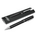 A black metal ballpoint pen with silver accents, presented in a sleek black packaging with a logo. A black metal ballpoint pen with silver accents, presented in a sleek black packaging with a logo.