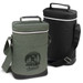 A drink bottle cooler bag in green and black with adjustable straps and a logo. A drink bottle cooler bag in green and black with adjustable straps and a logo.