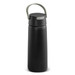A drink bottle in black with a green handle, featuring a built-in Bluetooth speaker and a logo on the body.