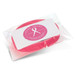 A pink silicone wristband packaged in a transparent bag, featuring a logo and informative label.