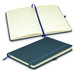 A navy blue notebook with a textured cover, featuring lined pages and a matching ribbon bookmark.