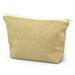 A beige cosmetic bag with a zip closure, featuring a textured fabric and a simple design. It has a branding logo.