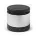 A wireless speaker and charging device in silver and black, featuring control buttons on the base and a sleek design. A wireless speaker and charging device in silver and black, featuring control buttons on the base and a sleek design.