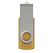 A bamboo and metal flash drive with a sleek design and a circular opening, featuring a branding logo. A bamboo and metal flash drive with a sleek design and a circular opening, featuring a branding logo.