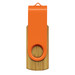 A bamboo flash drive featuring an orange cap and a circular hole for attachment. It has a branding logo. A bamboo flash drive featuring an orange cap and a circular hole for attachment. It has a branding logo.