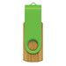 A bamboo flash drive with a green plastic top, featuring a circular hole for attachment. A bamboo flash drive with a green plastic top, featuring a circular hole for attachment.