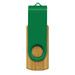 A green and bamboo flash drive featuring a swivel cap design and a circular hole for keyring attachment. A green and bamboo flash drive featuring a swivel cap design and a circular hole for keyring attachment.