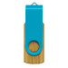 A turquoise and bamboo flash drive with a swivel design and a circular keyring attachment. A turquoise and bamboo flash drive with a swivel design and a circular keyring attachment.