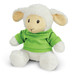 A soft, plush lamb toy with a cream body and a green sweatshirt, featuring oversized ears and a friendly expression.