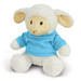 A fluffy lamb plush toy wearing a blue shirt, featuring a friendly face and a soft, cuddly texture.