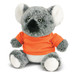 A grey koala plush toy wearing an orange shirt, with black and white accents, and a cute face. Features a branding logo. A grey koala plush toy wearing an orange shirt, with black and white accents, and a cute face. Features a branding logo.