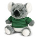 A plush koala toy in grey and white, wearing a green shirt, with round eyes and soft fur. It features a branding logo. A plush koala toy in grey and white, wearing a green shirt, with round eyes and soft fur. It features a branding logo.