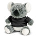A grey koala plush toy with a black shirt, featuring soft fur and large ears. It has a logo on its shirt. A grey koala plush toy with a black shirt, featuring soft fur and large ears. It has a logo on its shirt.