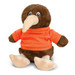 A brown kiwi plush toy wearing an orange shirt, featuring a large beak and round eyes. A brown kiwi plush toy wearing an orange shirt, featuring a large beak and round eyes.