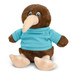 A brown kiwi plush toy wearing a light blue shirt, featuring round eyes and a large beak, with a soft, cuddly texture. A brown kiwi plush toy wearing a light blue shirt, featuring round eyes and a large beak, with a soft, cuddly texture.