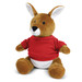 A brown plush kangaroo toy wearing a red shirt, featuring a soft body and large ears. It has a logo on its shirt.
