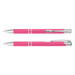 A pink metal pen with silver accents, featuring a sleek design and a clip for easy attachment.