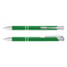 A green metal pen with silver accents, featuring a sleek design and a logo on its surface.